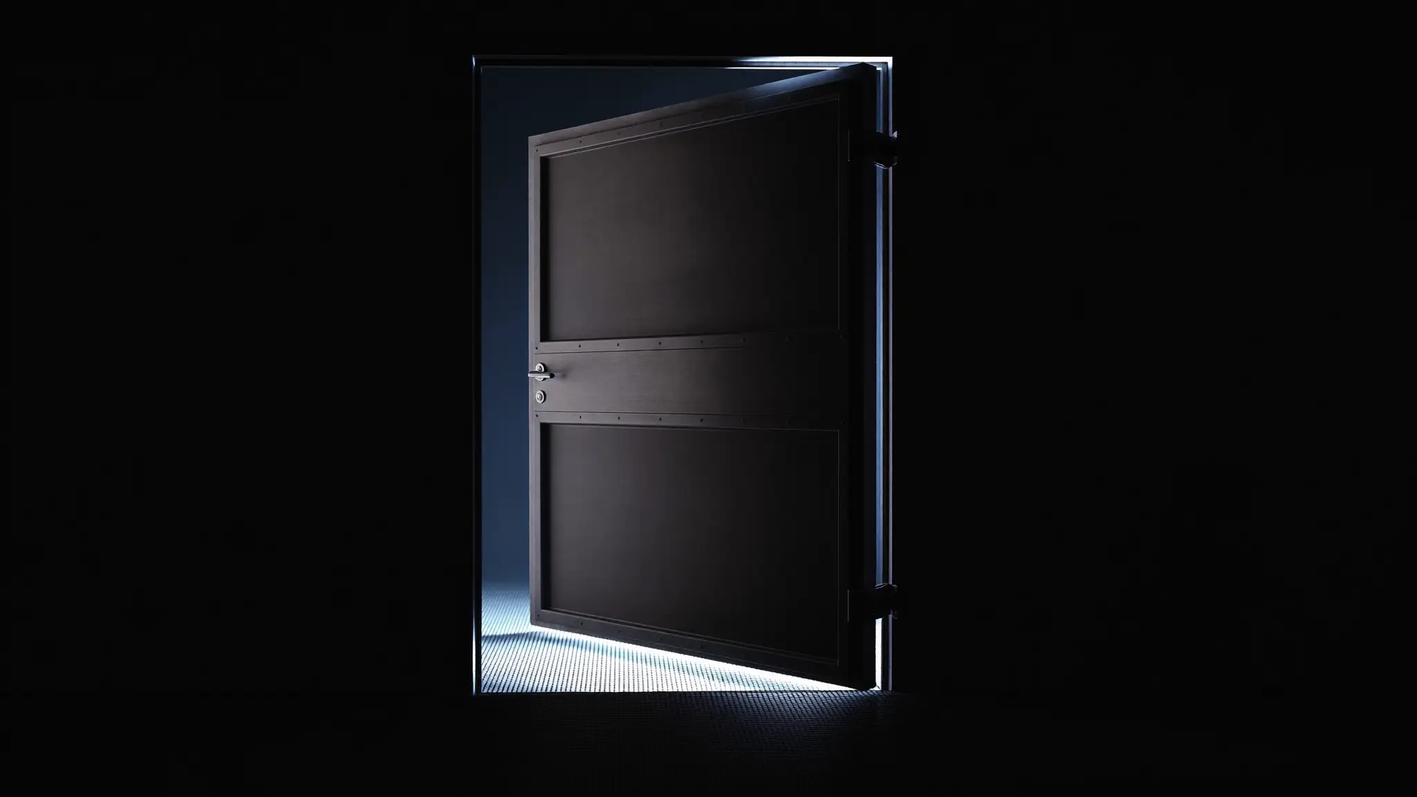 Uma pesada porta de contenção deixada entreaberta, com uma lâmina de luz fria escapando pela fresta para um corredor escuro.